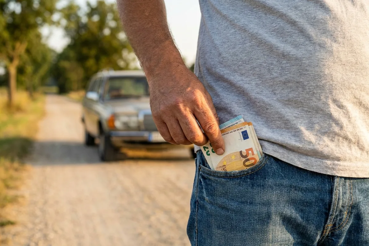 Des billets qui restent dans la poche du passager, la voiture repart sur la route derrière