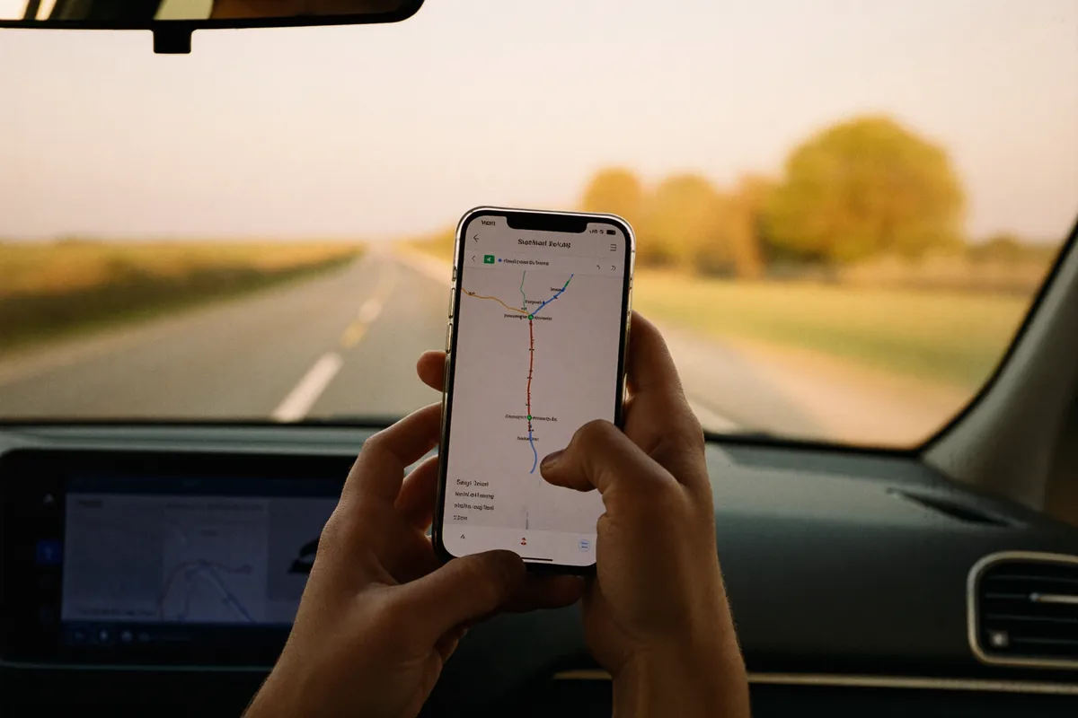Un passager suit la route sur son téléphone depuis la voiture